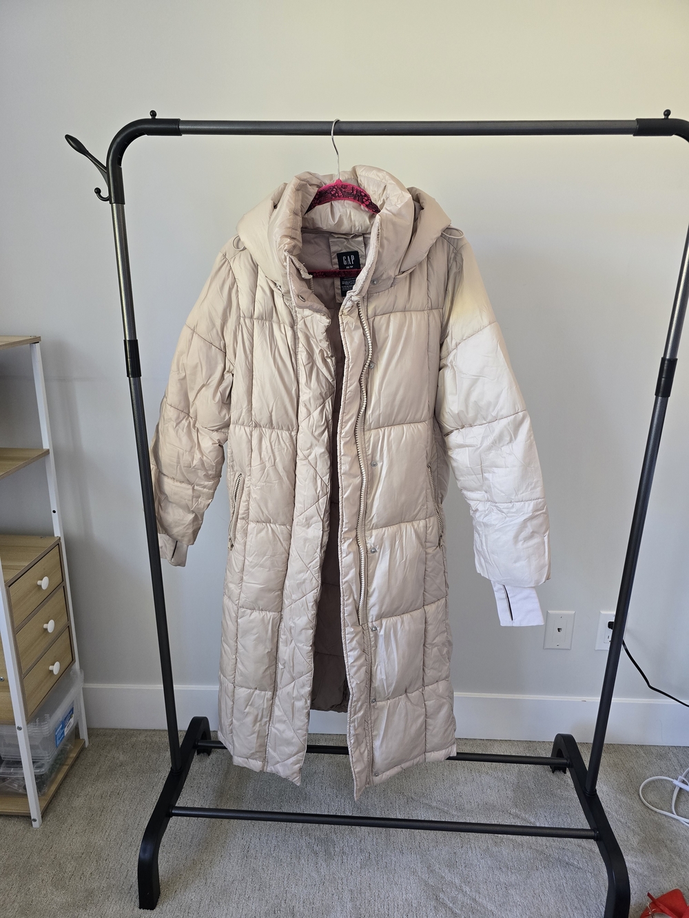 GAP Long Hooded Quilted Puffer Coat in Light Beige